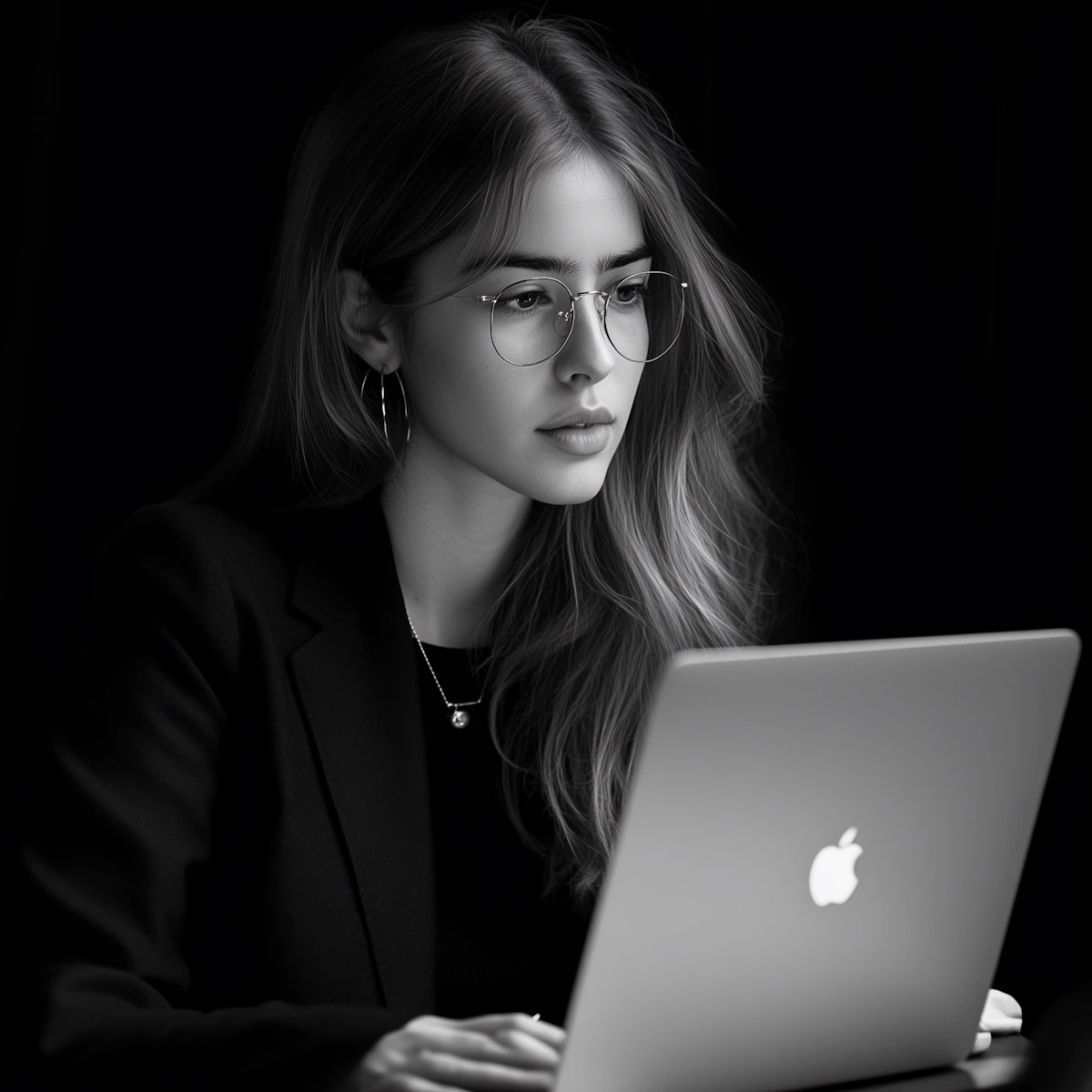 A woman wearing glasses , focused looking at a laptop.